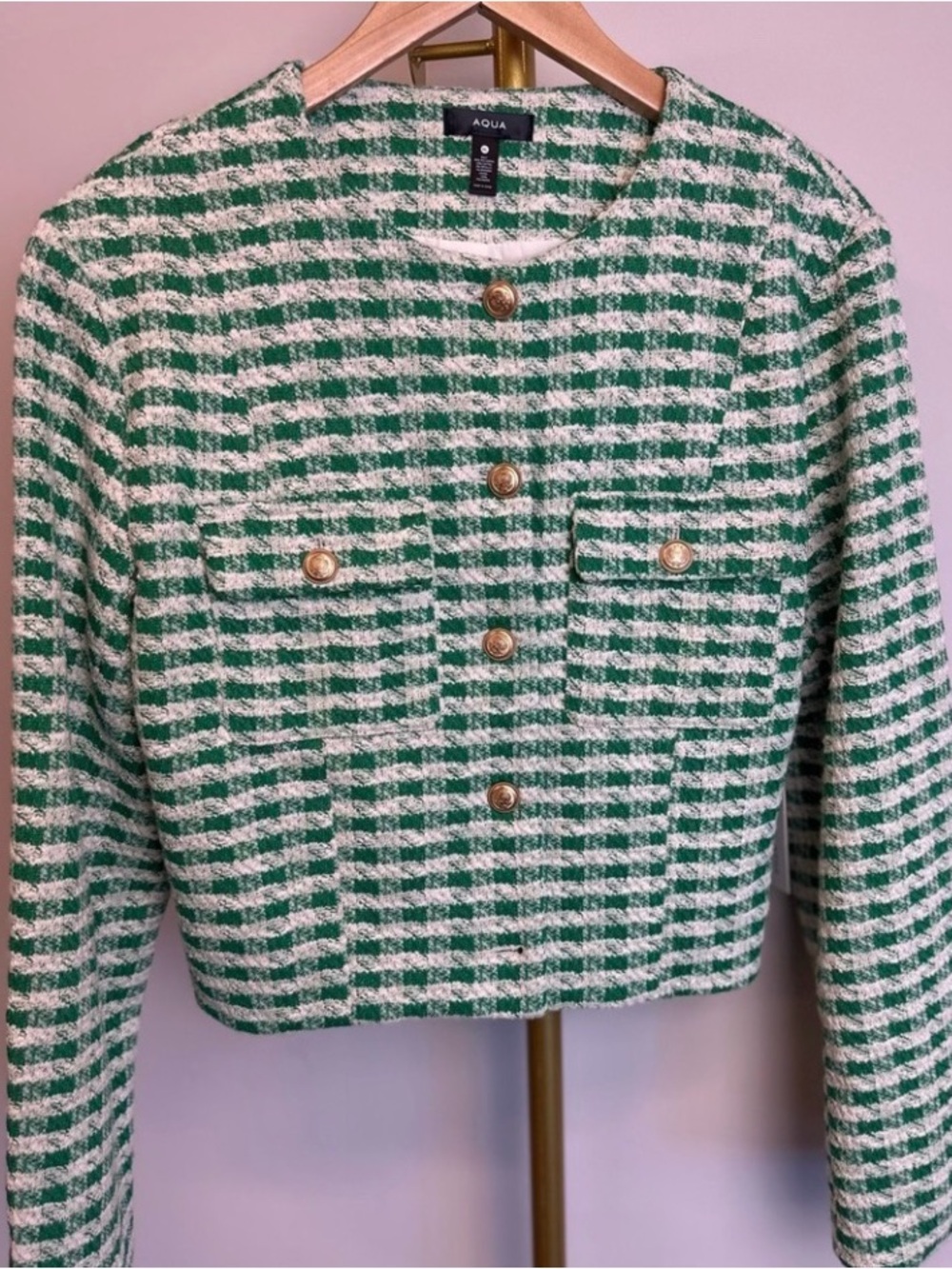 Aqua Green and White Tweed Cropped Blazer with Gold Buttons